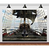 CORFOTO 7x5ft Pirate Sailing Boat Backdrop Pirate Ship Wooden Deck Photo Background Ocean Nautical Pirates Background Pirate Theme Birthday Party Decorations Photo Booth