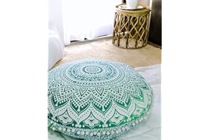 Popular Handicrafts Floor Pillow Cushion Cover - Large Hippie Mandala Ombre Floor Pillow Cover - Pouf Cover Round with Pom Pom Soft Particles, Bohemian Yoga Decor - 24" Green