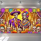 BlissYard Day of the Dead Banner Marigold Papel Photo Decorations 71 x 43 | Dia de los Muertos Banner Sugar Skull Mexican Backdrop for Home Party Photo Booth Skeleton Couple