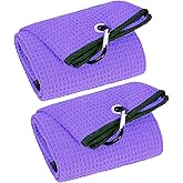 VIVIDLY 2 Pack Tri-fold Golf Towels, Premium Microfiber Fabric Waffle Pattern with Black Heavy Duty Carabiner Clip, Purple Golf Towels for Golf Bags for Men (Purple)