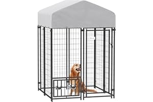 PawHut 4' x 4' x 6' Outdoor Dog Kennel, Welded Wire Dog Kennel Outside Run with 360° Rotating & 4 Level Adjustable Bowls, Waterproof & UV Resistant Cover, for S&M Breeds, Chickens, Ducks, Silver