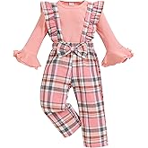 Renotemy Toddler Baby Girl Clothes Fall Winter Overalls Jumpsuit Ribbed Knit Sweater Plaid Suspender Pant 2PCS Outfits 12M-4T