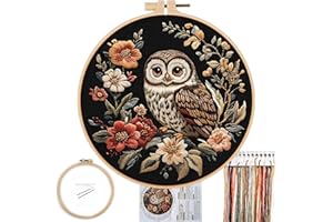 FONNUY Embroidery Kit for Beginners, Owl Flowers Pre-Stamped Pattern Kits for Adults with Hoop, Easy to Follow Color Thread Needlework, 8'' Hoop (Black)