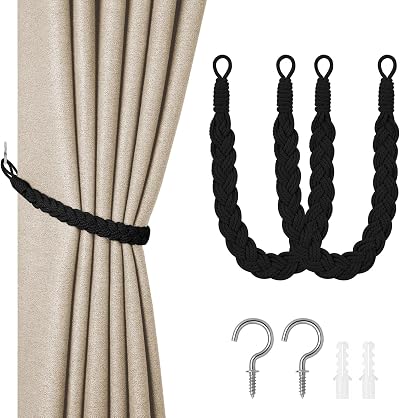 HOTUT Natural Cotton Rope Curtain Tiebacks 2 Pack Boho Style Black