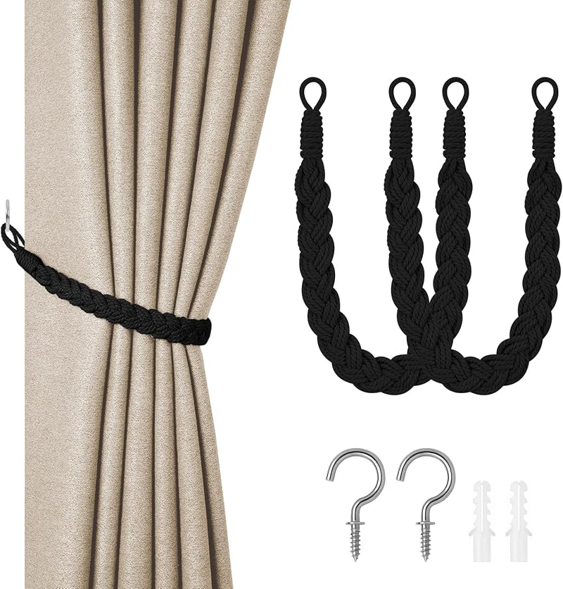 HOTUT Natural Cotton Rope Curtain Tiebacks 2 Pack Boho Style Black