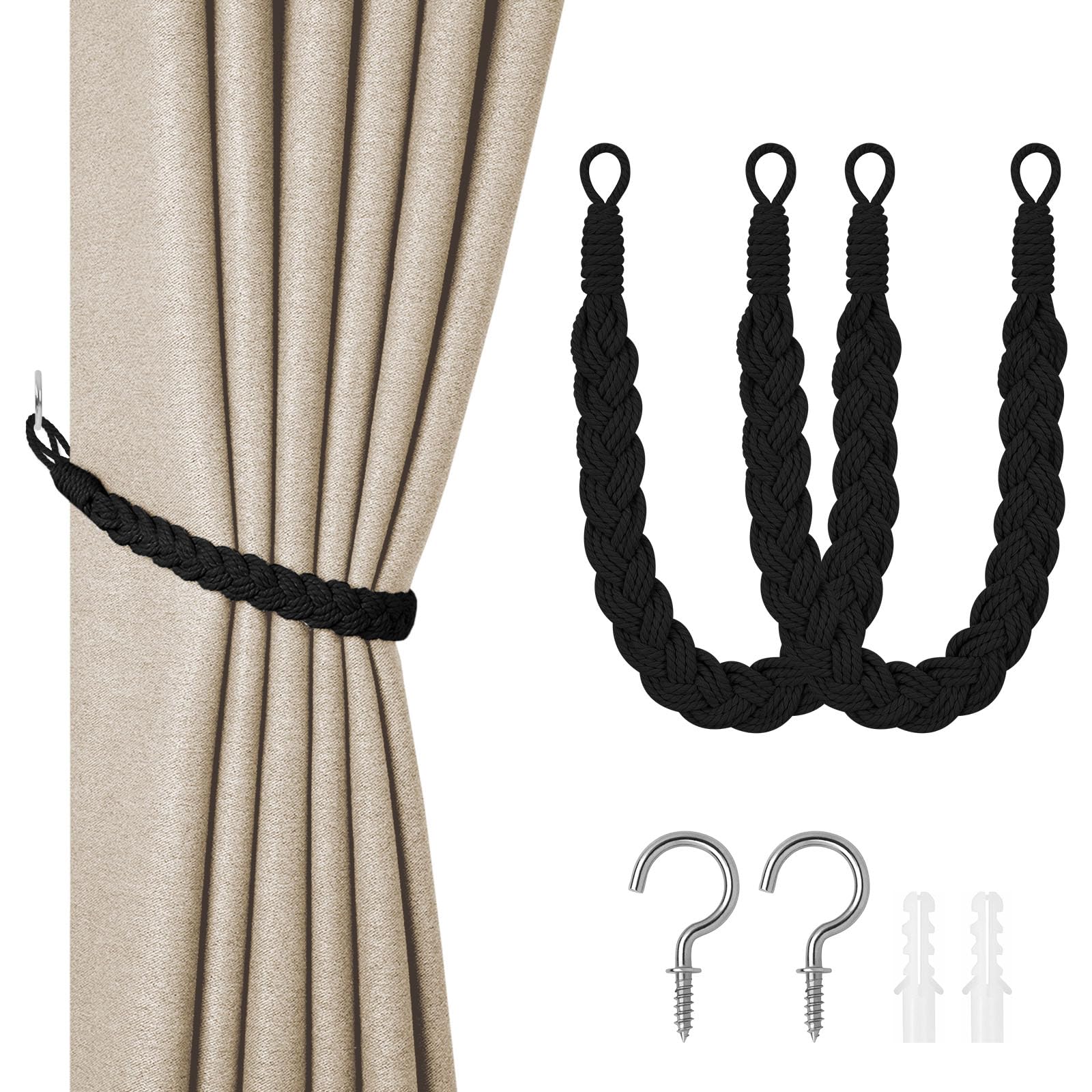 HOTUT Natural Cotton Rope Curtain Tiebacks, 2 Pack Hand Knitting Curtains Tied Rope, Elegant Boho Style Decorative Drape Tie Soft Rope Curtain Holdbacks with Metal Hook for Home & Office, Black