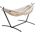 Amazon Basics Double Hammock with 9-Foot Space Saving Steel Stand and Carrying Case, 450 lb Capacity, Beige Stripe with Lace, 110 x 47 x 43 inches