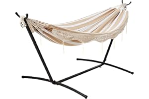 Amazon Basics Double Hammock with 9-Foot Space Saving Steel Stand and Carrying Case, 450 lb Capacity, Beige Stripe with Lace,