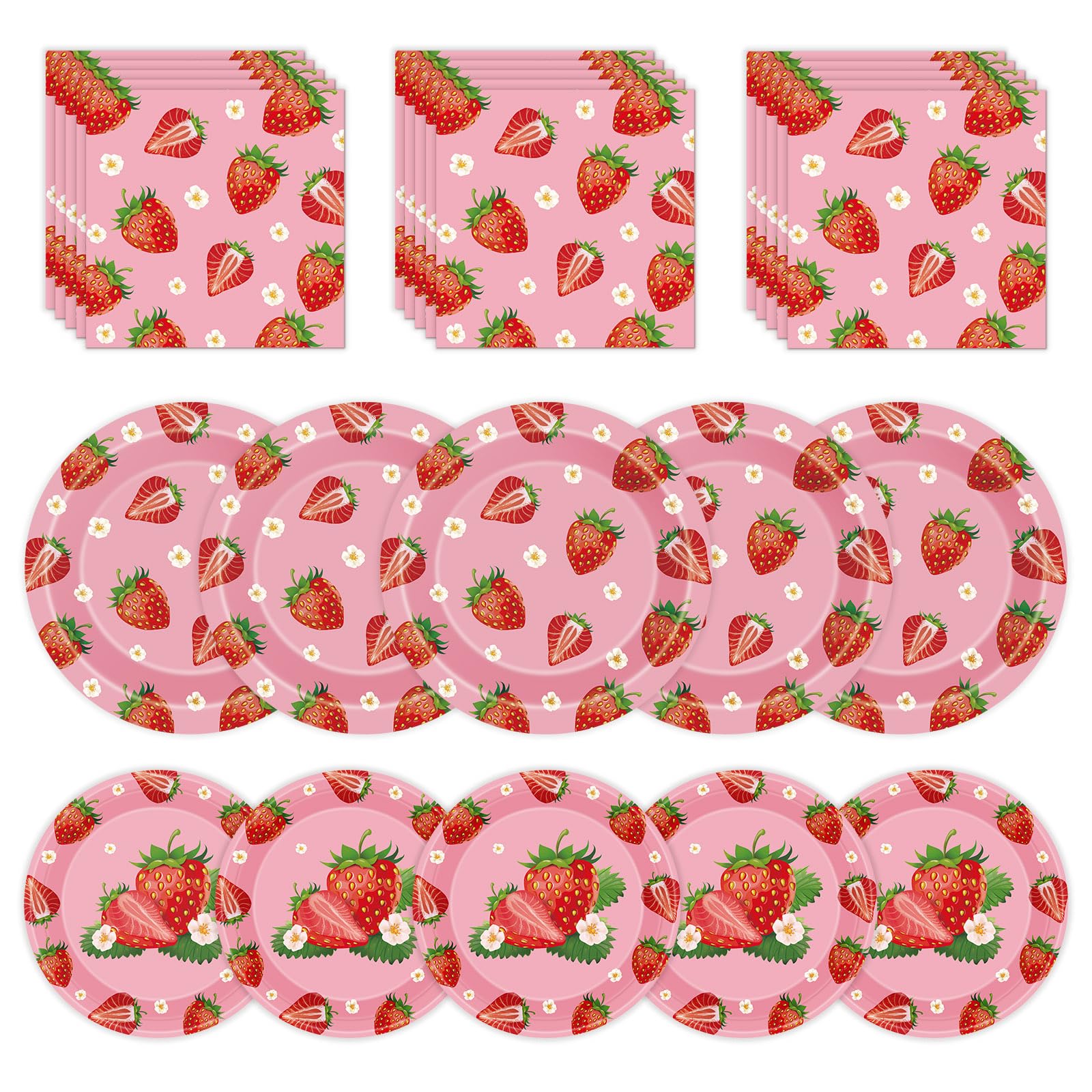 Photo 1 of 40 Pcs Strawberry Birthday Decorations Plates and Napkins Sets, Strawberries Dinner Dessert Paper Plates Summer Berry Napkins Tableware Kit for Fruit Strawberry Party Supplies Table Decor, Serve 20