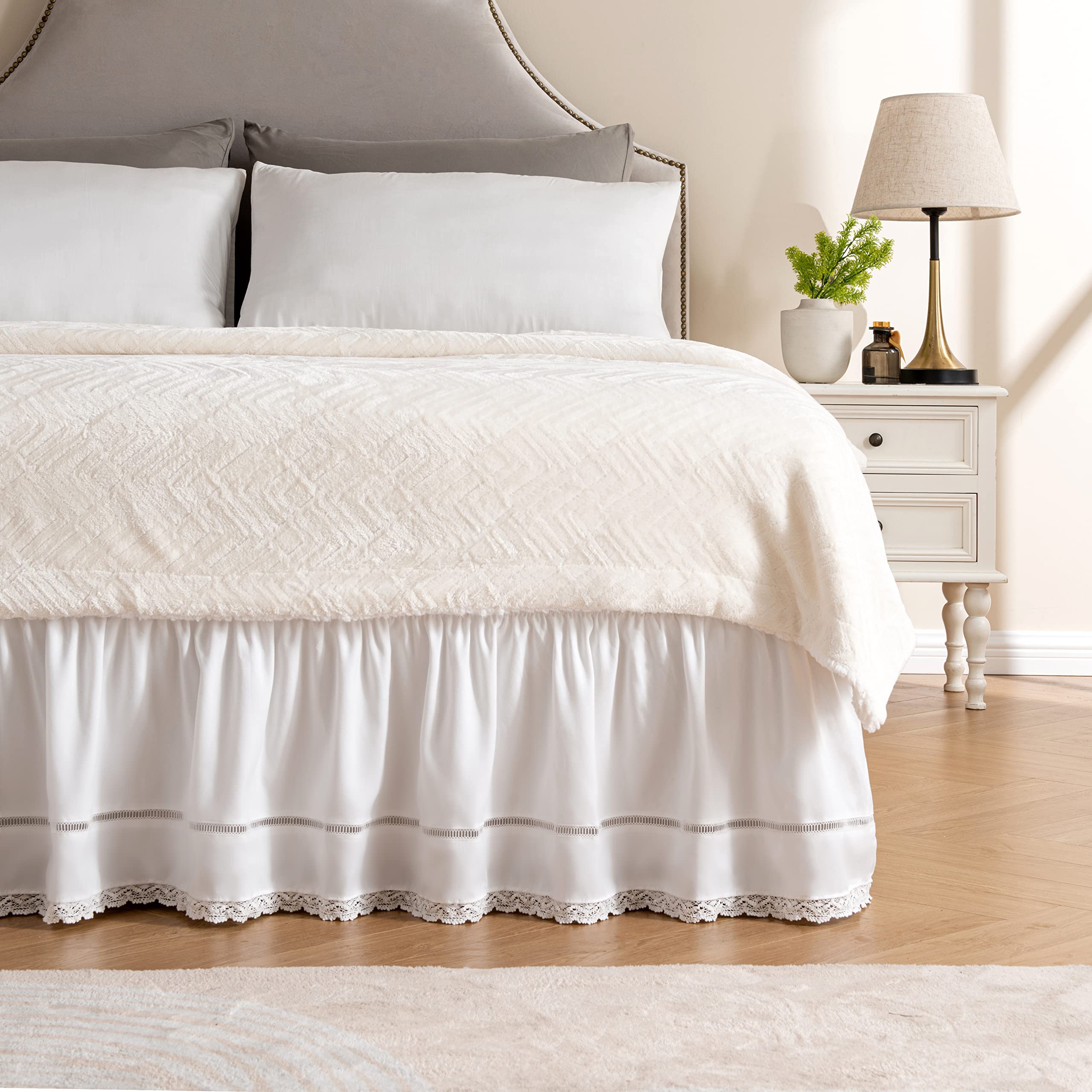 Photo 1 of MIYE Wrap Around Ruffled Lace Bed Skirt, Elastic Dust Ruffle with Adjustable Belts, Easy to Put On, Bed Frame Cover, Machine Washable (Floral Lace/White, King/Queen-15 Drop)