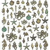 JIALEEY 100 Gram Assorted Antique Ocean Themed Charms Bronze Ocean Fish Sea Creatures Beads Pendants for Jewelry Making and Craft Making