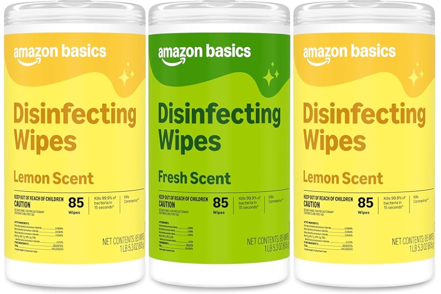 Amazon Basics Disinfecting Wipes, Lemon & Fresh Scent, Sanitizes/Cleans/Disinfects/Deodorizes, 255 Count (2 Packs Lemon, 1 Pack Fresh Scent)