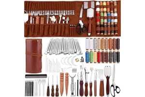 TLKKUE Leather Working Tool Leatherworking Tool Kit with Custom Storage Bag for Carving Punching Sewing Stamping, Essential Supplies for DIY Leather Crafts