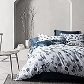 MILDLY 100% Long-Staple Cotton Duvet Cover Set Light Navy Ginkgo Leaf Pattern Printed Comforter Cover 3pcs, Ultra Soft & Breathable Bedding Set