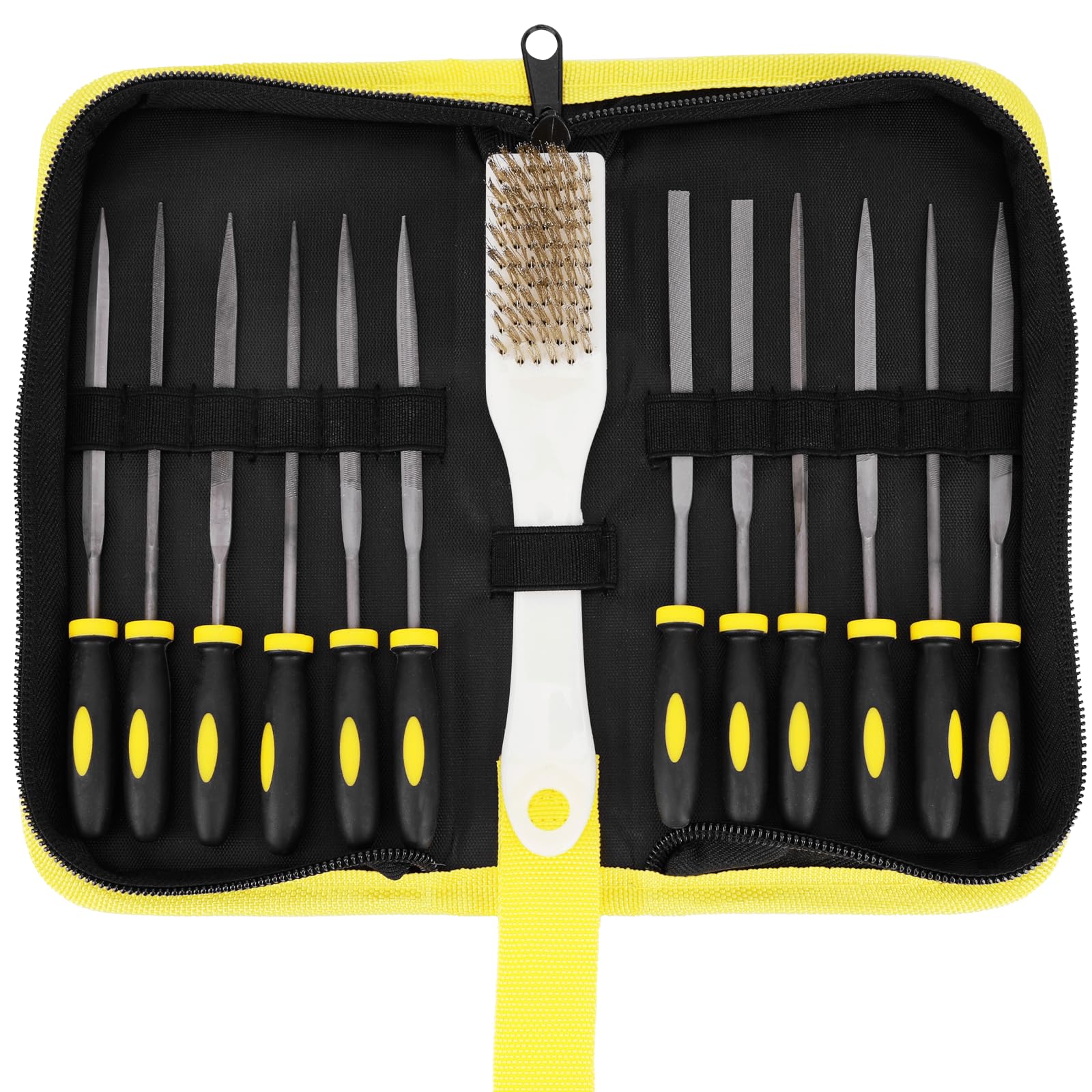 14Pcs Needle File Set, Mini Metal File Set, 6Pcs Carbon Steel File, 6Pcs Diamond File,1Pcs Wire Cleaning Brush, with Carrying Case Needle File Tool Set for Metal, Wood, Ceramics, Leather