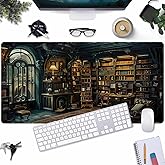 Dark Gothic Desk Mat Gaming Desk Pad Large Mouse Pad, Magician'S Fantasy Bookcase Gothic Mouse Mat XXL Laptop Keyboard Pad, Laptop Keyboard and Mouse Mat Desktop Protector Mat 31.5 X 15.7 in