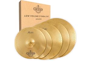 Rhythm Bytes Low Volume Cymbal Pack | 5-pcs Quiet Cymbal Set | Silent Practice for Drums – 14" Hi-Hats, 16" Crash, 18" Crash, 20" Ride | Perfect for Practice & Rehearsals, Golden