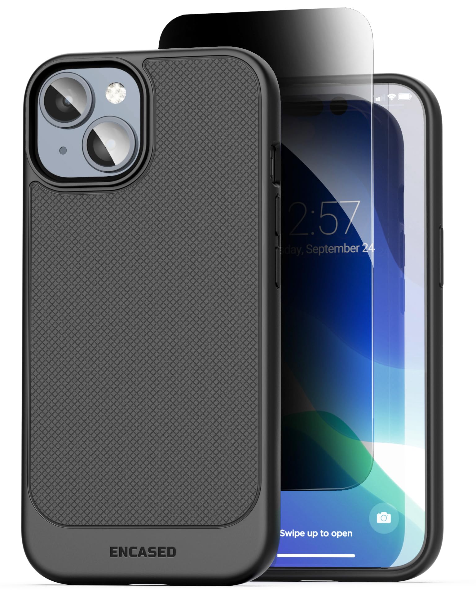 ENCASED Privacy Case Designed for iPhone 15, Slim Grip Cover with Tempered Glass Privacy+ Screen Protector (Anti-Spy) Thin Armor, Matte Black