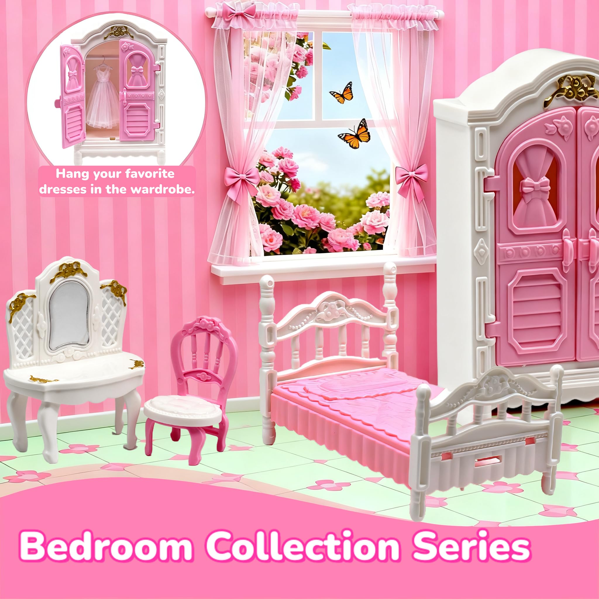 Dollhouse Furniture Set - 38 Pcs,Miniature Accessories with Cat,Dog, Kitchen, Bedroom, Living Room & Bathroom - Doll House Accessories and Furniture Toys for Boys Girls Age 3+