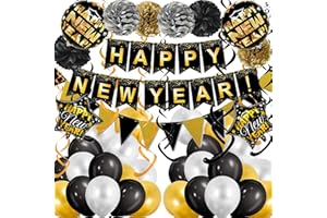 FECEDY Black Happy New Year Banner Gold Black Paper Flag Bunting Swirl Streamers & Pom Poms Balloons for New year Party Decorations