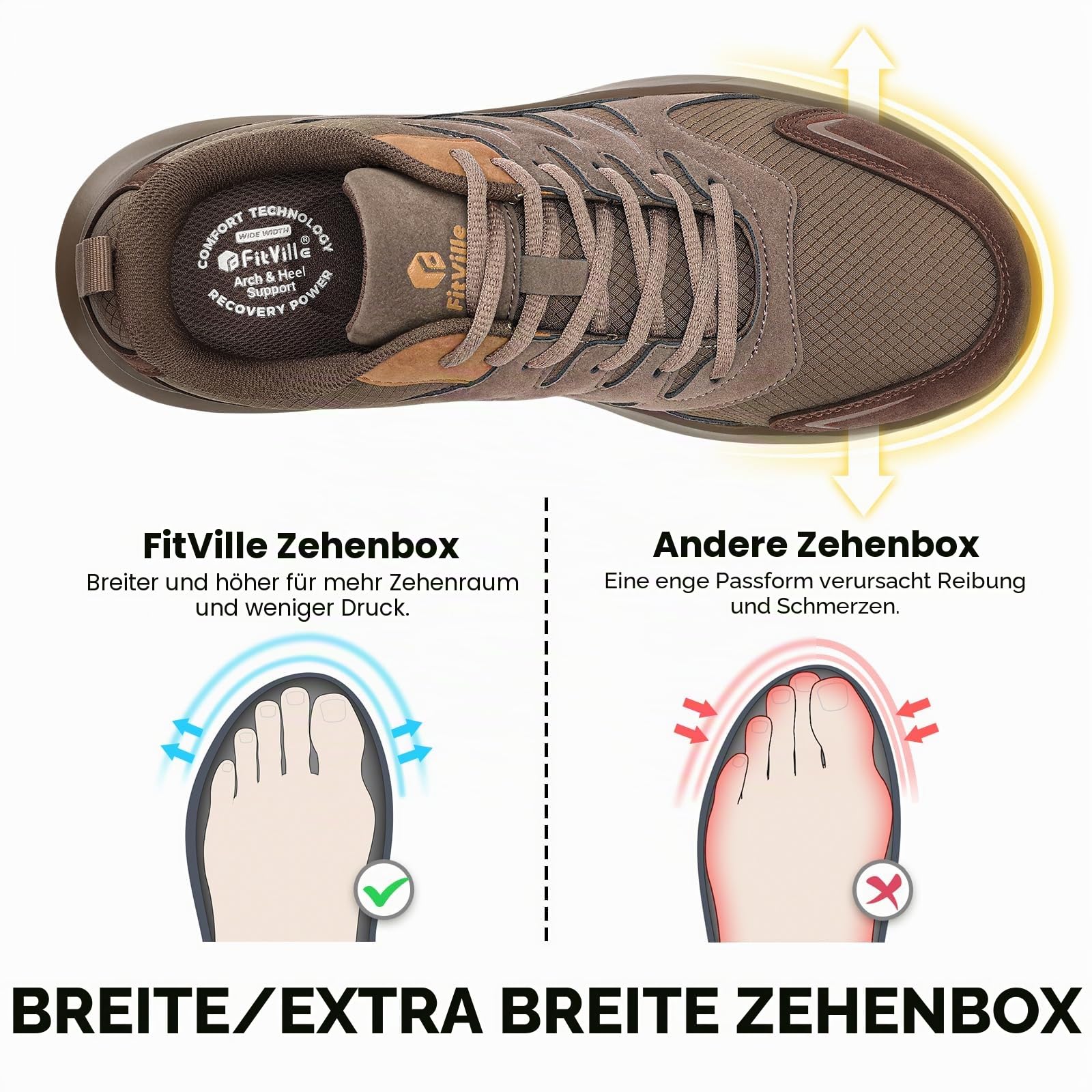 FitVille Wanderschuhe Herren Extra Breit Wasserdicht Trekkingschuhe Outdoorschuhe rutschfeste Knöchel Bergschuhe Atmungsaktiv Leicht Walkingschuhe Weite Sneaker Hiking Shoes Braun 43 EU Weit 2