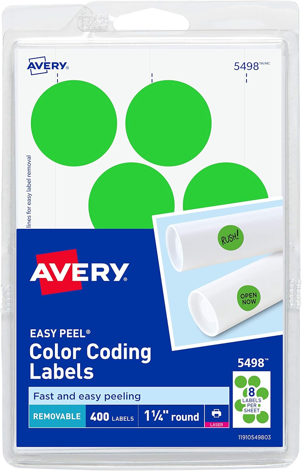 Avery 5498 Removable Print or Write Color Coding Labels for Laser Printers, 1-1/4" Round - Neon Green (Pack of 400) : Office Products