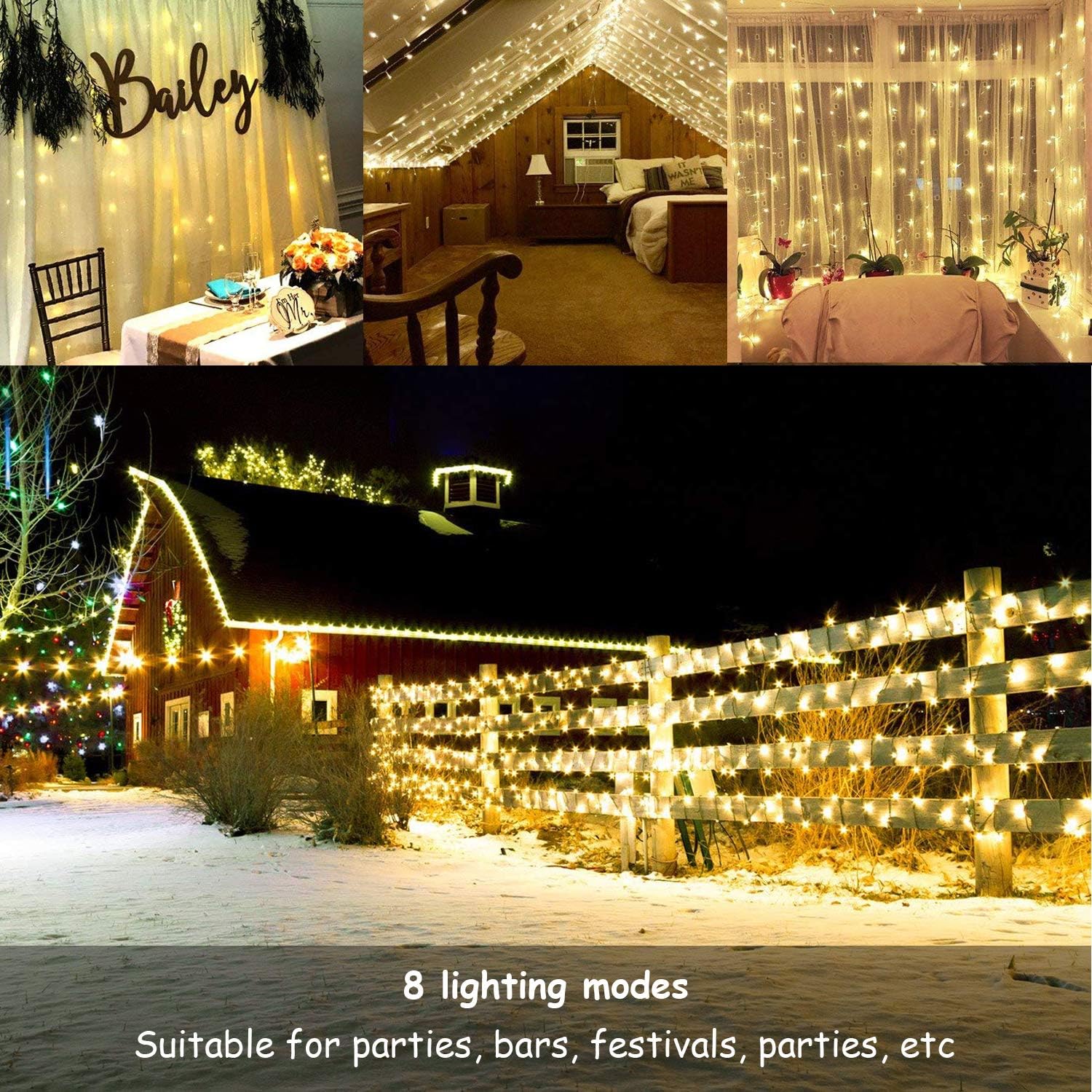FYHEART 304 LED Window Curtain String Light with 8 Modes for Wedding Party Home Garden Bedroom Outdoor Indoor Wall Decorations (9.8ft x 9.8ft, Warm White)
