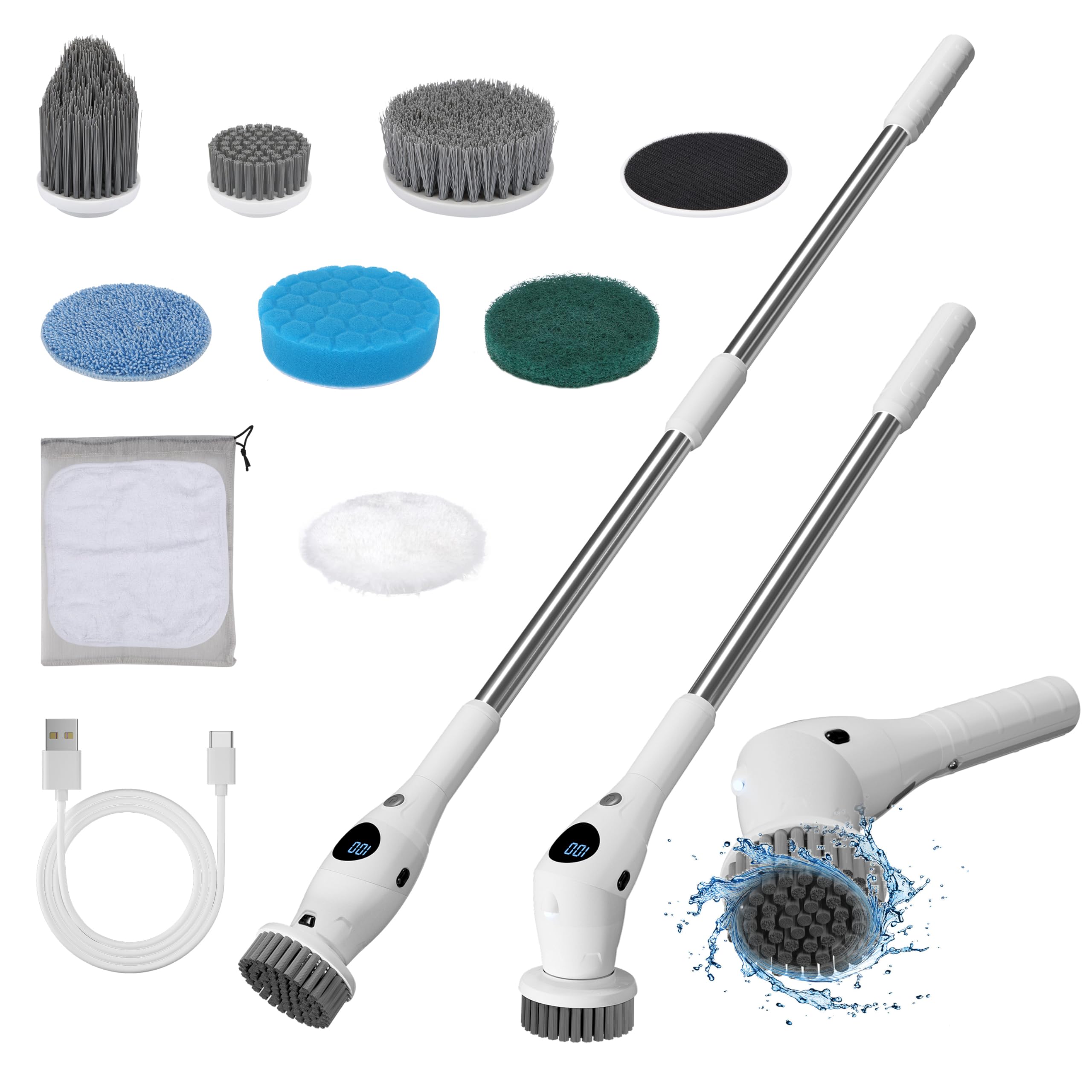 RealPlus Electric Spin Scrubber, New Cordless Cleaning Brush with 8 Replaceable Brush Heads, 3 Speeds and Adjustable Extension Handle