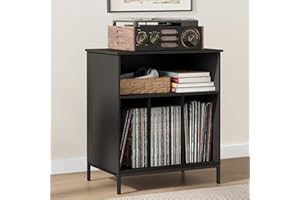 Homhedy Record Player Stand, Vinyl Storage Cabinet, Large Record Holder, Modern Stereo Media Cabinet, Wood Turntable Table, Albums Storage Organizer for Living Room, Office, 23.6" W, Black