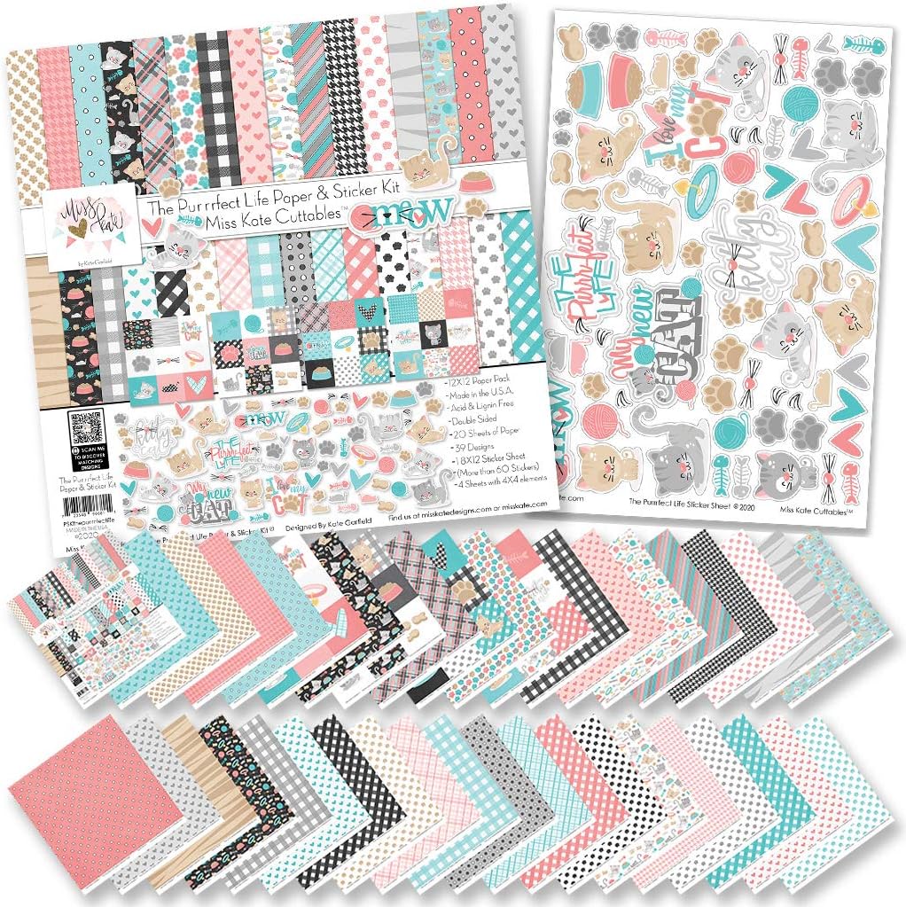 Paper & Sticker Kit - The Purrrfect Life - for Cats & Kittens - 17 Double-Sided 12x12 Papers with 33 Designs & 1 8X12 Sticker Sheet - Scrapbooking Card Making Crafting - by Miss Kate Cuttables