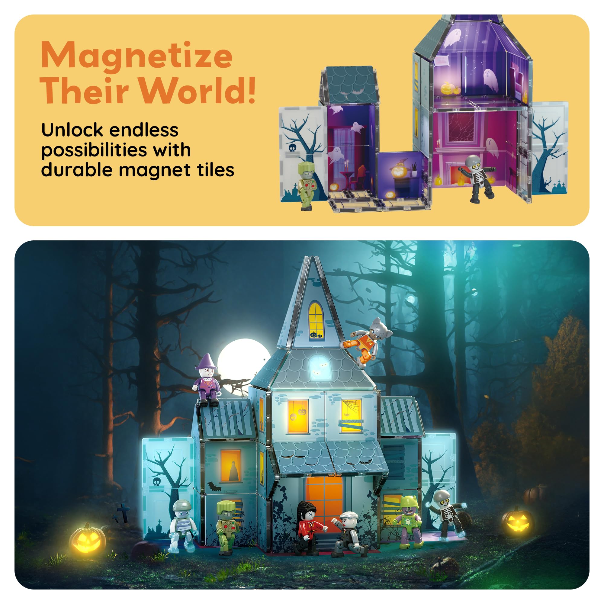 PicassoTiles Haunted House Theme Magnet Tile Building Blocks 8 Action Figures Magnetic Construction Toy Double Sided Printing Education STEM Learning Playset Halloween Adventure Kid Ages 3+ PTQ03