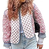 Duyang Women's Cropped Puffer Jacket Lightweight Floral Printed Open Front Quilted Coat Winter Warm Outwear