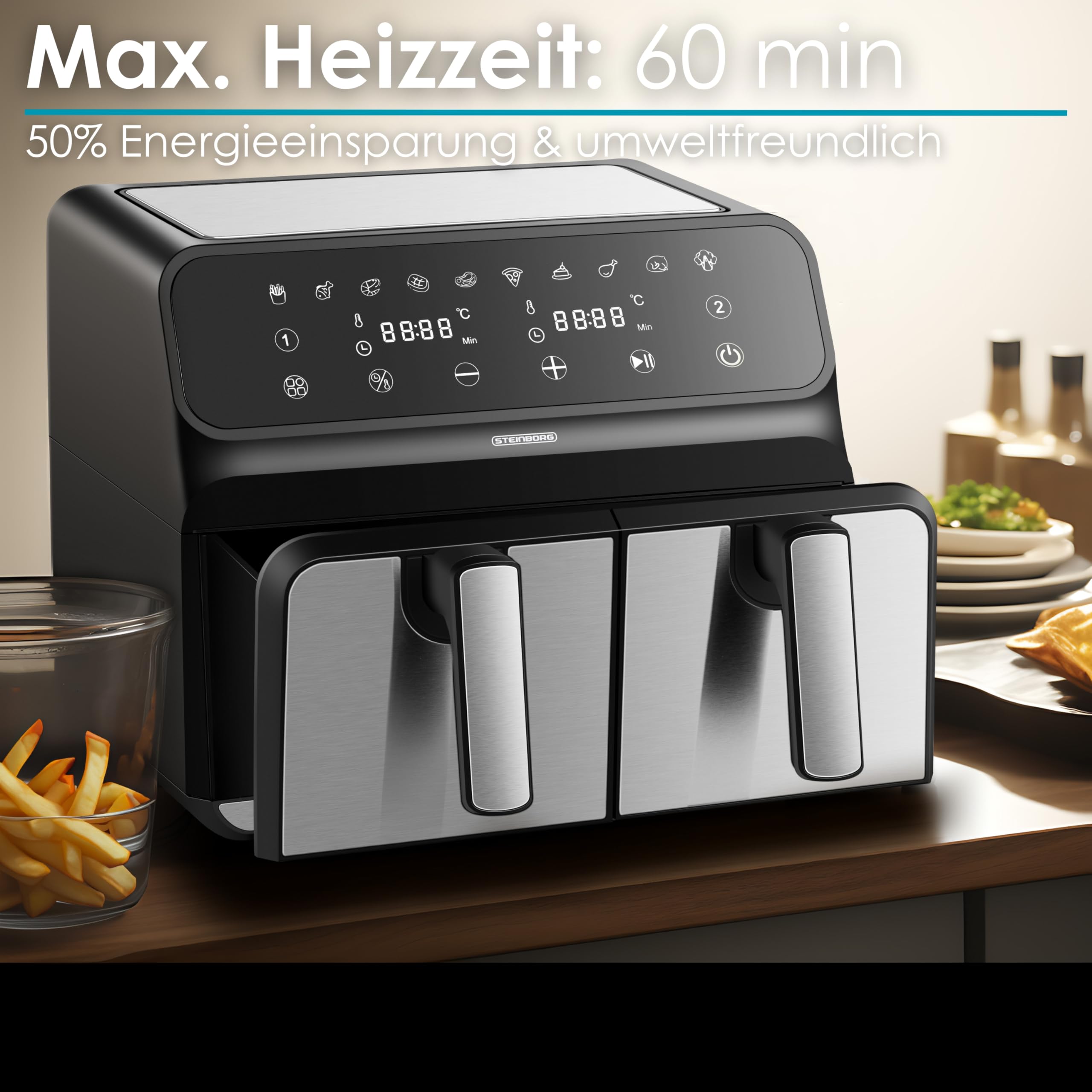 Heißluftfritteuse | 2 Kammern | Heissluftfritteuse | 4 in 1 Mini Backofen | Fritteuse | Dörrautomat | Grillen Backen Dörren Frittieren | Friteuse ohne Öl | Air Fryer | Heißluftofen | Heißluftgrill 8