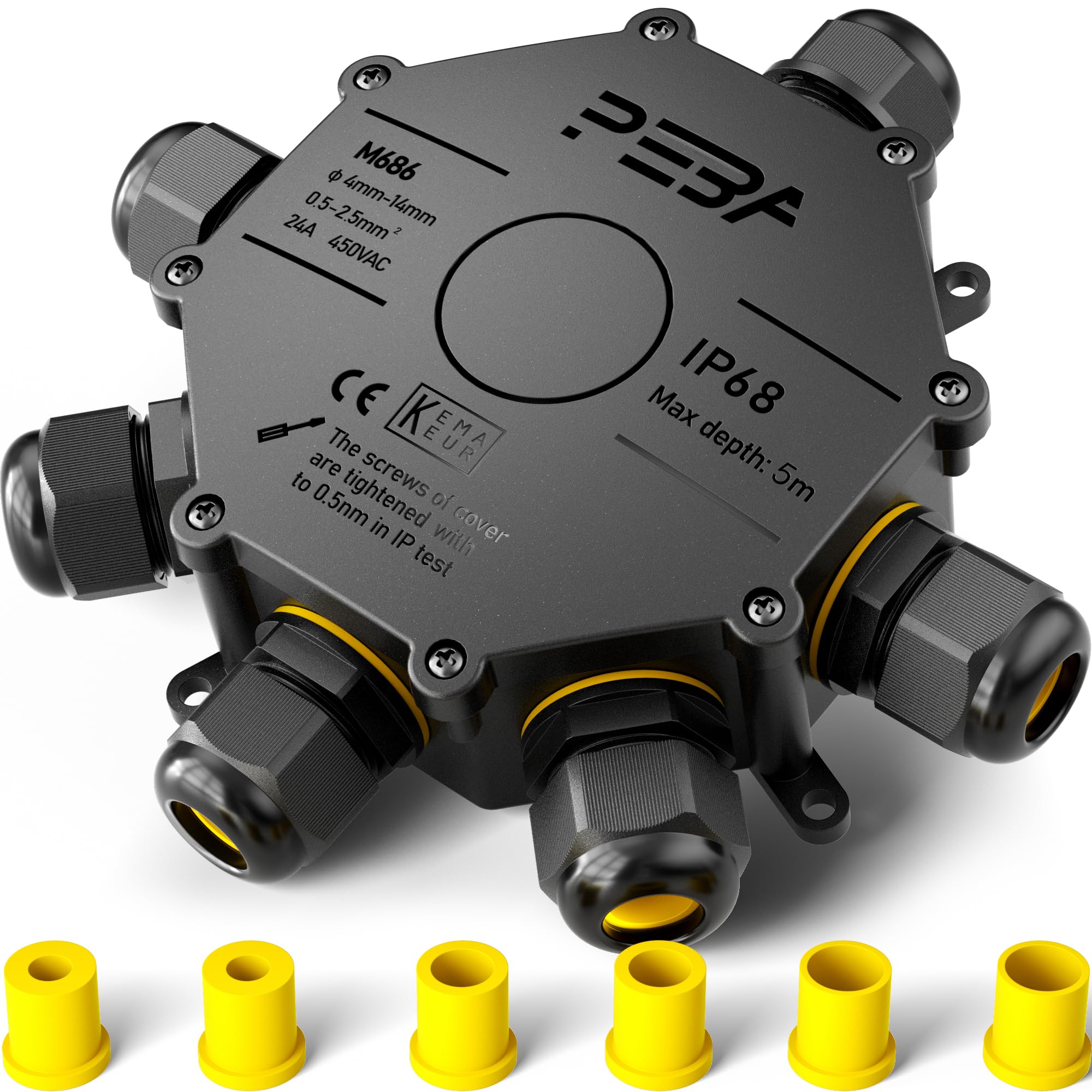 PEBA Waterproof Junction Box Outdoor IP68 6-Way Cable Connector External Sleeve Coupler Ø 4mm-14mm Black