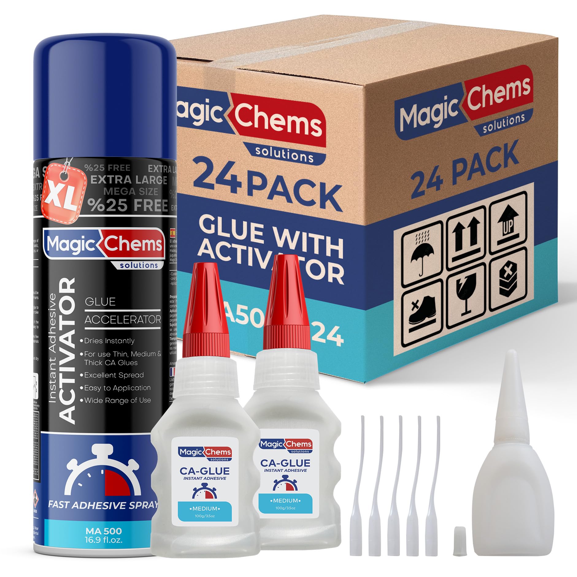 Magic Chems CA Glue with Activator (48 x 3.5 oz + 24 x 16.9 fl oz), Cyanoacrylate Glue and Activator, Super Glue with Accelerator, CAGlue and Accelerator, Medium (24 Pack) Image