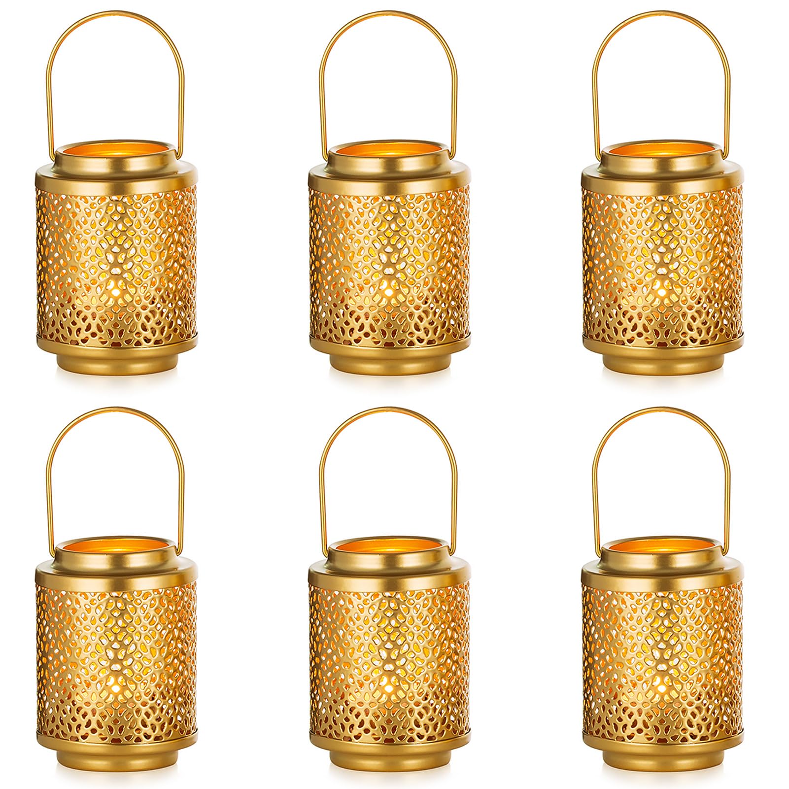 NUPTIO Mini Lanterns for Wedding Centerpieces: 6 Pcs Gold Hanging Metal Tealight Holders Bulk 10.5cm Vintage Brass Tea Lights Candle Lantern for Christmas Diwali Ramadan Holiday Decor (Style 2)