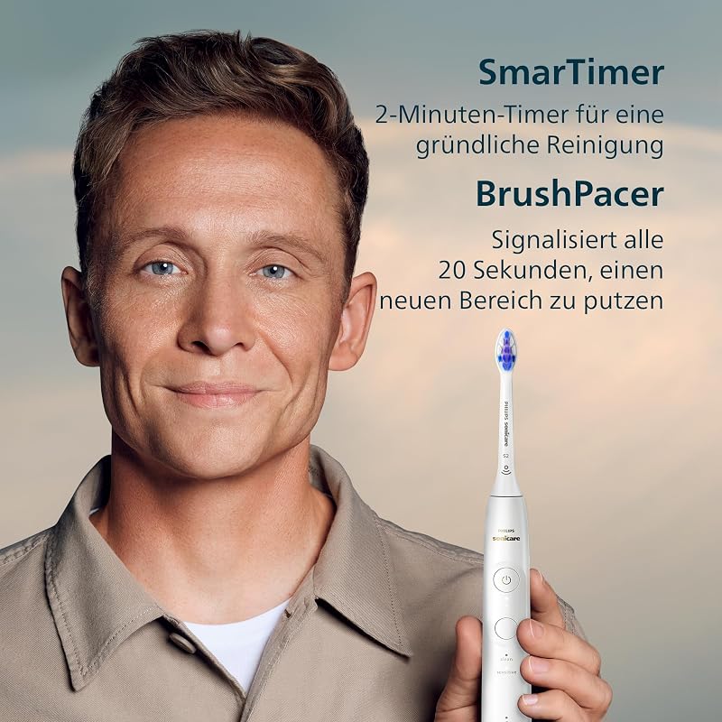 Sonicare 6100 elektrische Zahnbürste, Schallzahnbürste mit 2 Putzmodi, 3 Intensitätsstufen, Andruckkontrolle, EasyStart, SmarTimer, Reiseetui, Weiß, Modell HX7400/02 [Neue Technologie]