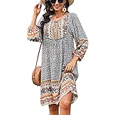 Bluetime Women Casual Summer Dress Boho V Neck 3/4 Sleeve Babydoll Floral Print Flowy Beach Dress
