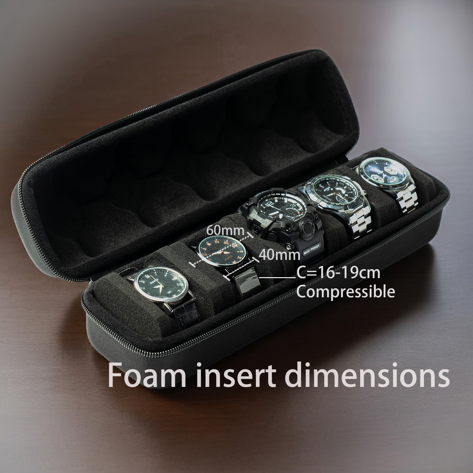 HOMPE Watch travel case,5 Slot Hard watch roll organizer, Fits All Wrist Watches&Smart Watches Up to 58mm (Black 5slot)