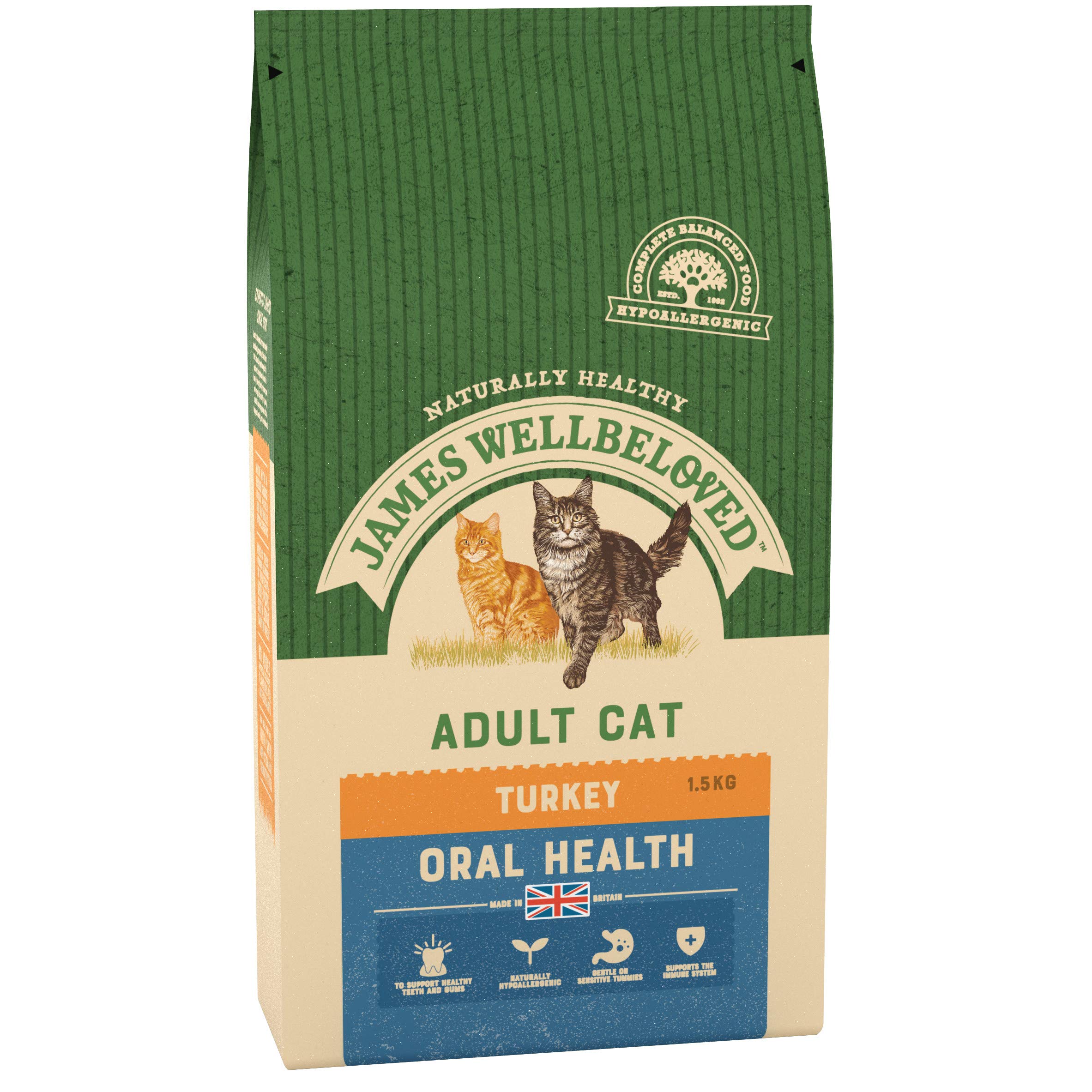 James Wellbeloved Complete Dry Oralcare Cat Food Turkey and Rice, 1.5 kg (Packaging May Vary)