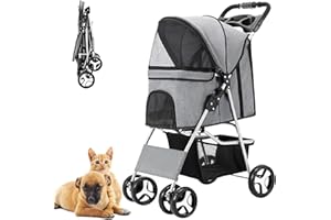 LPOTIUS Pet Stroller for Medium Small Dogs and Cats, One-Hand Folding Portable Travel Cat Dog Stroller with Storage Basket and Cup Holder, 4 Wheels, Gray