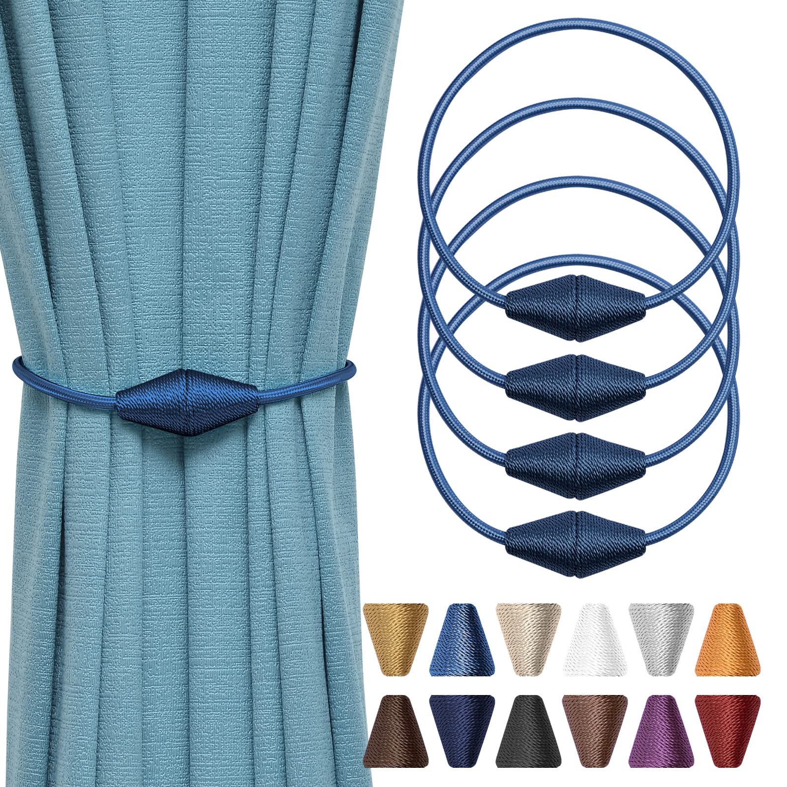 Pretty Jolly 4 Pack Upgrade Magnetic Curtain Tiebacks Handmade Weave Rope Curtain Holdbacks Convenient Decorative Cone Curtain Drape Tie Backs for Home & Office Window Drapery (Navy)