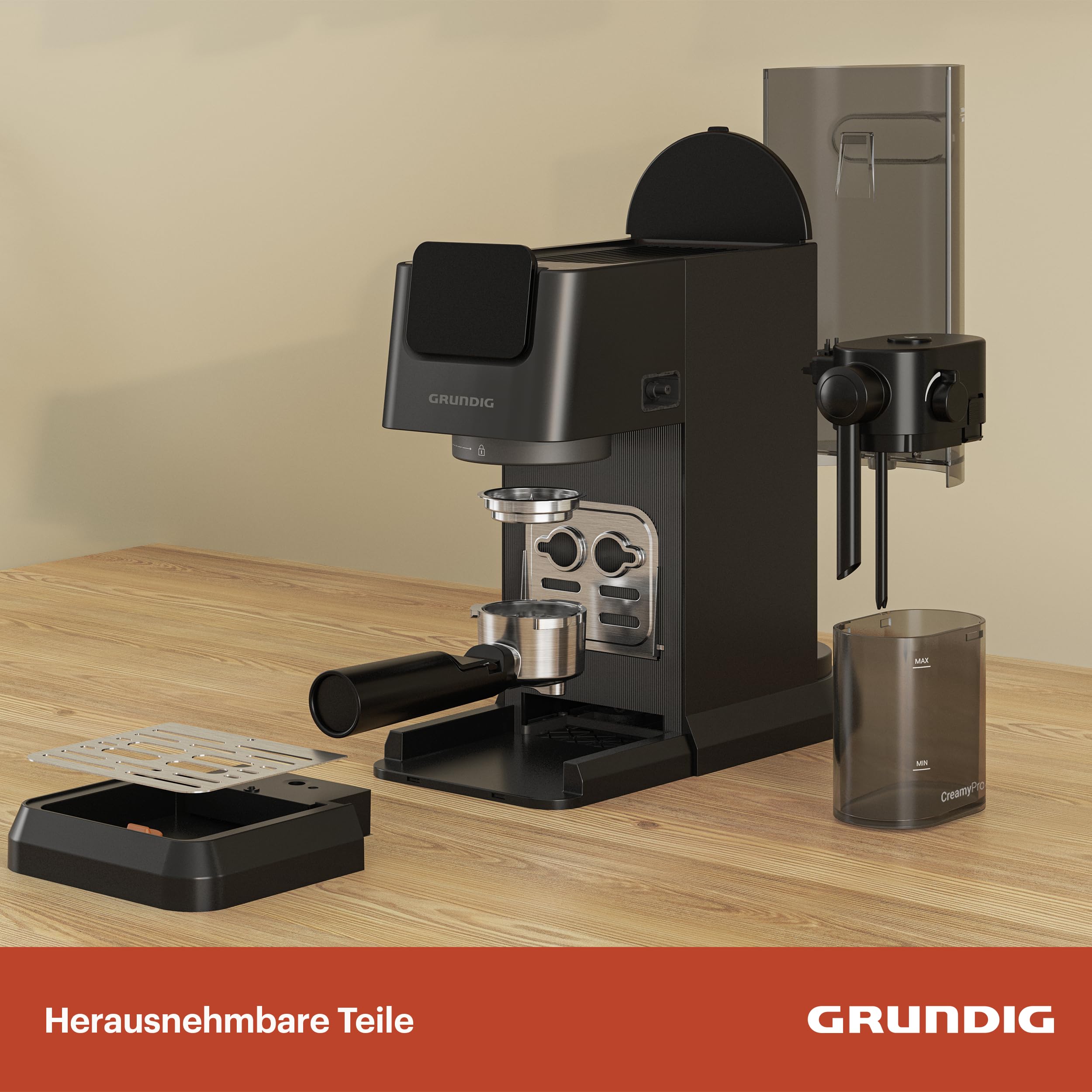GRUNDIG - KSM 5330 Siebträgermaschine - 1628 W - 15 Bar Pumpendruck - Dark Inox - Milchbehälter 300ml - Touch-Display - BrewSense Technologie - 1,1L Wassertank - Espresso & Cappuccino - Robust 4