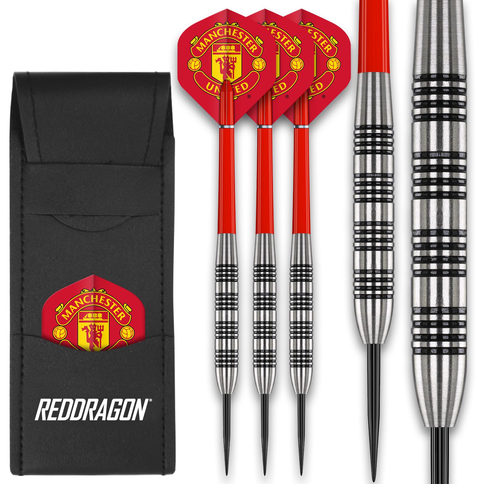 FOCO Officially Licensed Manchester United FC Flights with 80% Tungsten 24g Red Dragon Darts set - including Dart Shafts & Dart Bar Wallet - Professional Darts Accessories — image 1
