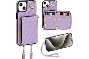 Keallce Case for iPhone 15 Plus 6.7'' Wallet Case, Crossbody Zipper Purse with Handbag Wristlet for Women, RFID Blocking Card Holders, 360° Ring Kickstand Flip Leather Cover for iPhone 15 Plus, Purple