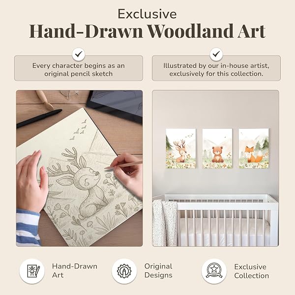 WOODLAND NURSERY WALL ART – SET OF 3 NEUTRAL 12×16 INCH ANIMAL CANVAS PRINTS (DEER, BEAR, FOX), PRINTED FROM ORIGINAL HAND-DRAWN ILLUSTRATIONS, FRAMED & READY-TO-HANG BABY ROOM DECOR FOR BOYS & GIRLS