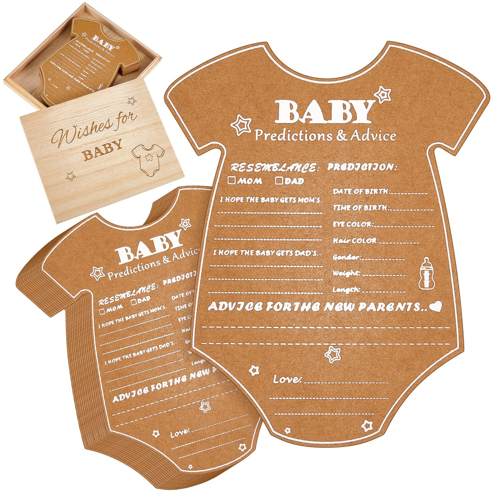 Queekay 50 Pcs Baby Prediction Cards for Baby Shower Games Advice Wishes Card with Wood Keepsake Box for Parents to Be Gender Neutral Guessing Activities Party Decorations