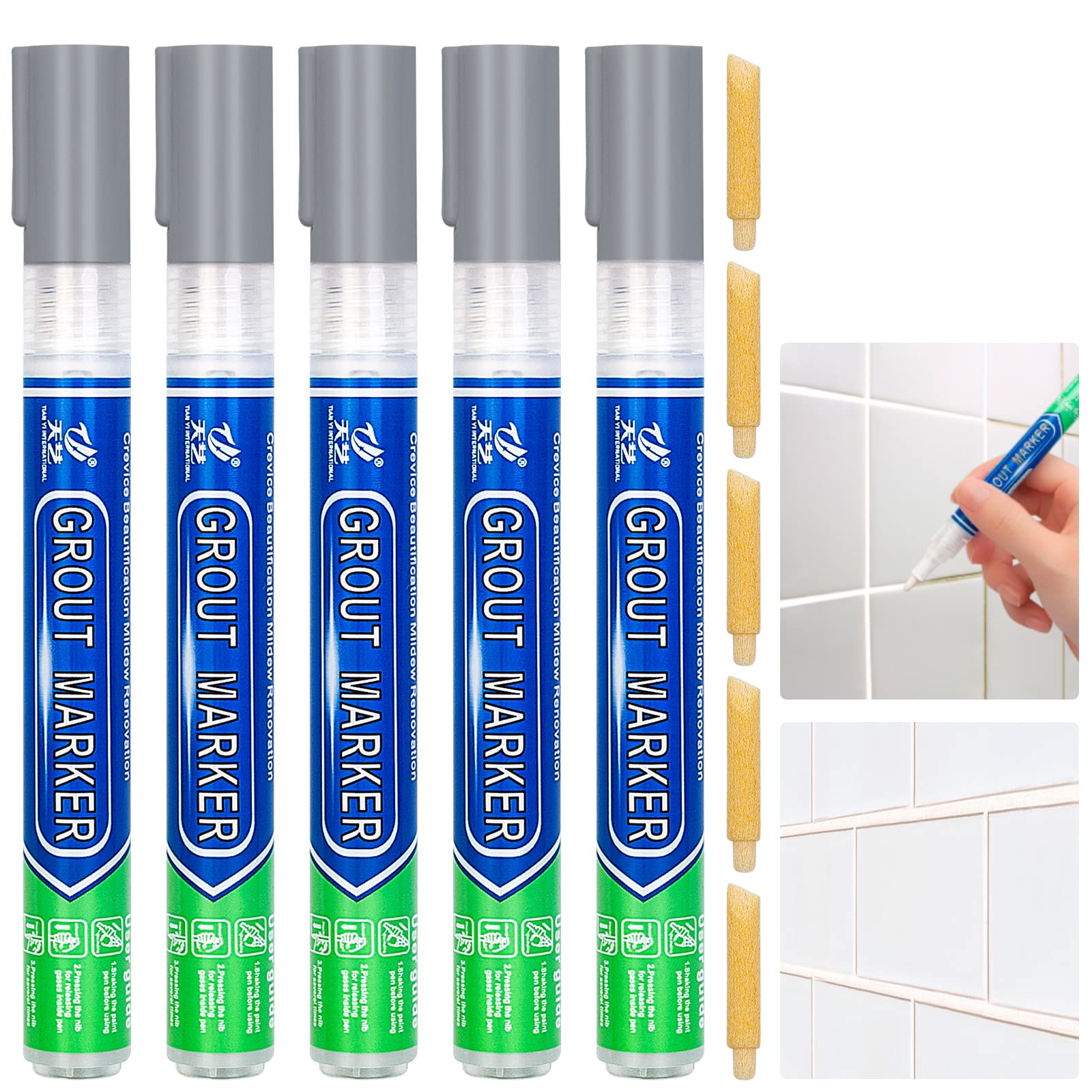 DRTRU 5 Pcs Tiles Grout Pen, Tile Grout Pen Light Grey Wall Repair Pens, Tile Grout Reviver Pens for Tile Grout Wall Floor Bathrooms and Kitchen Restoring Grout Joints