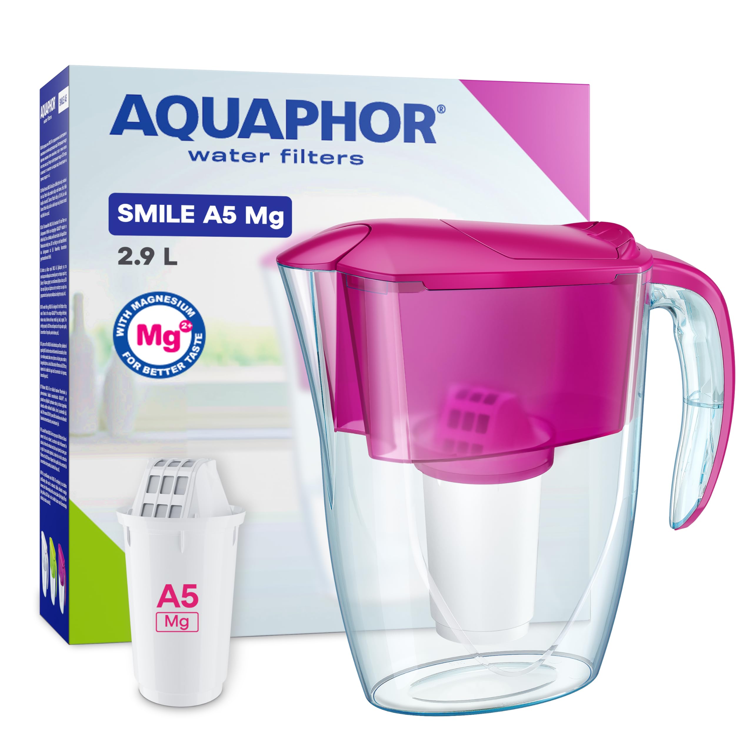 AQUAPHOR Smile Water Filter Jug - 2.9L, Fits Fridge Doors, Lightweight, Space-saving, Includes 1 x A5 350L Filter with added Magnesium, Reduces Limescale, Chlorine, Microplastics - Cyclamen Pink