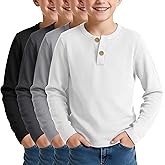 LessonZoo 4 Pack Boy's Long Sleeve Henley Shirts, Waffle Thermal Cotton Blend Tops Fall Winter Breathable Tees 5-14 Years